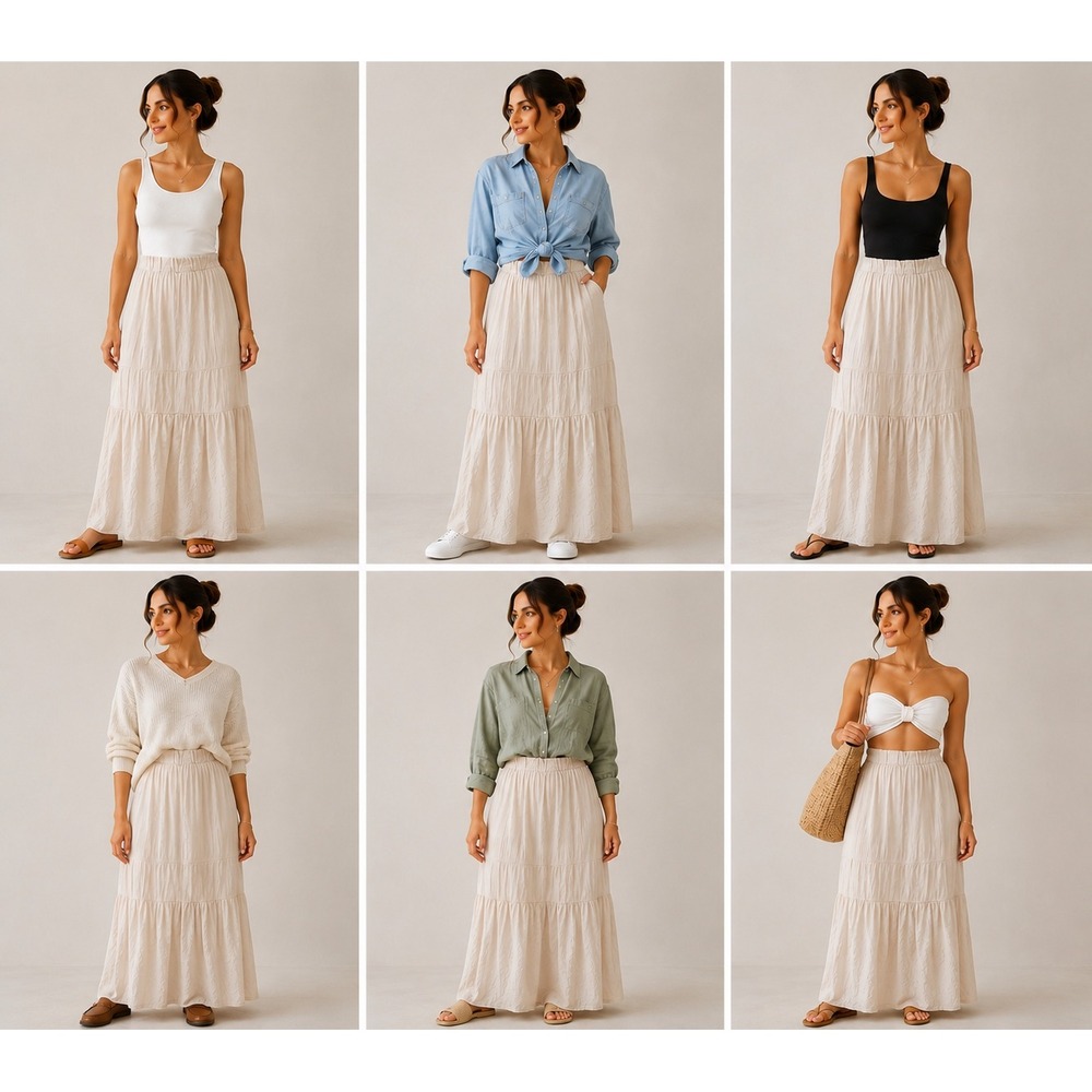 Haute Monde Tiered Maxi Skirt Womens L Cream Gauze Rayon Boho Flowy Lined Resort - Picture 8 of 16